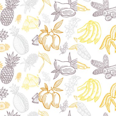 Ananas, mango, muz ve tasarım elementleriyle zarif, pürüzsüz bir desen. Kartlar için meyve deseni, baskı, hediye paketi, imalat, tekstil, kumaş, duvar kağıtları. Yemek, vejetaryen teması