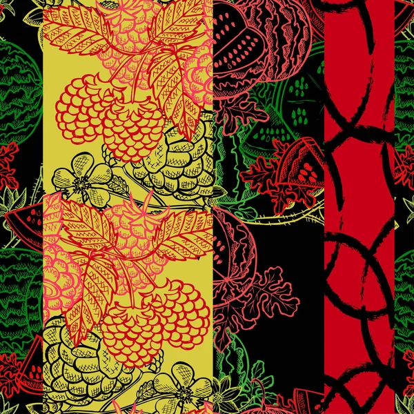 精致无缝的树莓和西瓜图案 设计元素 采购产品水果图案 印刷品 礼物包装 纺织品 素食主题 — 图库矢量图片