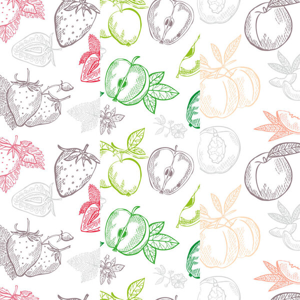 Элегантный бесшовный узор с клубникой, яблоком и персиком, элементы дизайна. Фруктовый узор для открыток, печати, подарочной упаковки, производства, текстиля, ткани, обоев. Еда, кухня, вегетарианская тема