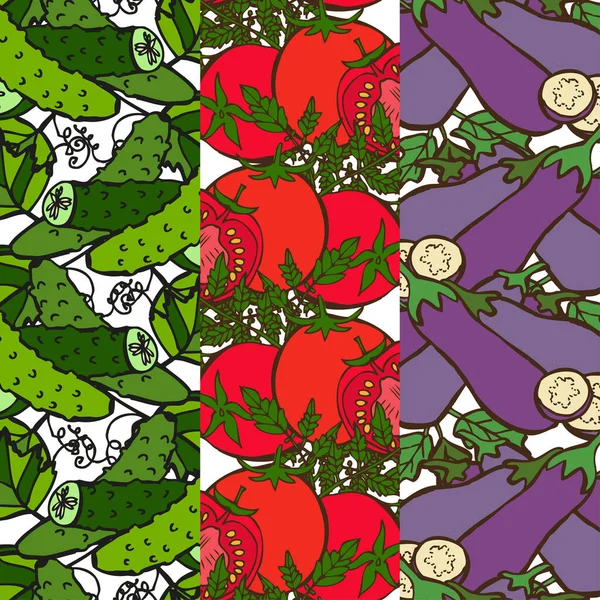 Elegante Patrón Sin Costuras Con Pepino Tomate Berenjena Elementos Diseño — Archivo Imágenes Vectoriales