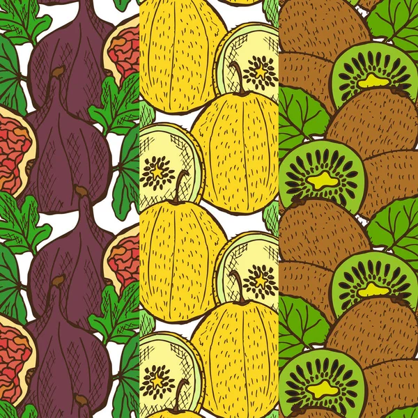 Élégant Motif Sans Couture Avec Figue Melon Jaune Kiwi Éléments — Image vectorielle