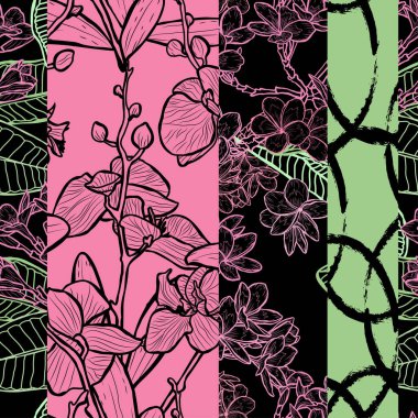 Orkide ve tesisatçılık ve tasarım elementleriyle zarif, pürüzsüz bir desen. Davetiyeler, kartlar, baskı, hediye paketi, imalat, tekstil, kumaş, duvar kağıtları için çiçek deseni