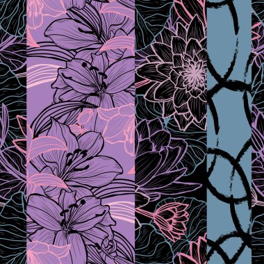 Nilüfer ve zambak desenli zarif, tasarım elementleri. Davetiyeler, kartlar, baskı, hediye paketi, imalat, tekstil, kumaş, duvar kağıtları için çiçek deseni