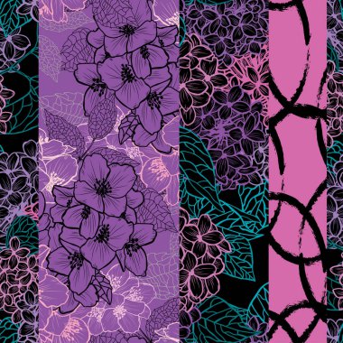 Leylak ve yasemin içeren zarif, pürüzsüz desen, tasarım elementleri. Davetiyeler, kartlar, baskı, hediye paketi, imalat, tekstil, kumaş, duvar kağıtları için çiçek deseni