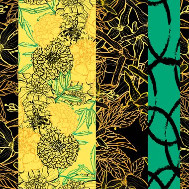 Forsythia ve marigold 'lu zarif, pürüzsüz desen, tasarım elementleri. Davetiyeler, kartlar, baskı, hediye paketi, imalat, tekstil, kumaş, duvar kağıtları için çiçek deseni