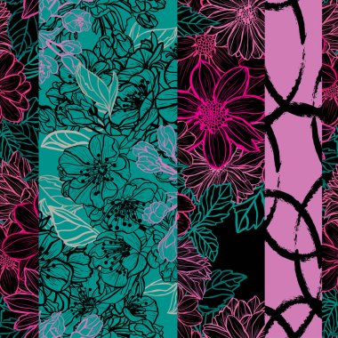 Yıldız çiçeği ve kiraz çiçeğiyle zarif, pürüzsüz desen, tasarım elementleri. Davetiyeler, kartlar, baskı, hediye paketi, imalat, tekstil, kumaş, duvar kağıtları için çiçek deseni