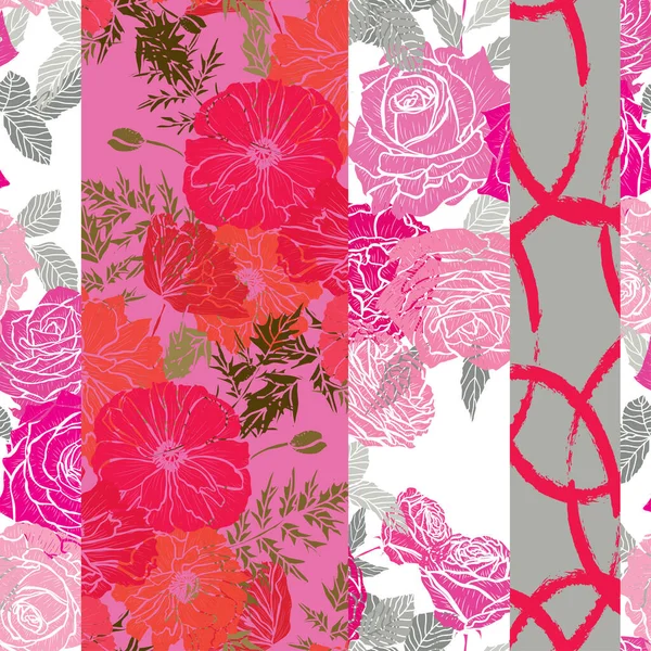 精致无缝图案与玫瑰和罂粟 设计元素 印刷品 礼品包装 纺织品 壁纸的花纹 — 图库矢量图片