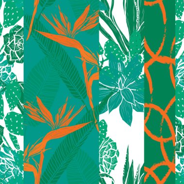 Şık, pürüzsüz bir desen, strelitzia, leziz ürünler, tasarım elementleri. Davetiyeler, kartlar, baskı, hediye paketi, imalat, tekstil, kumaş, duvar kağıtları için çiçek deseni