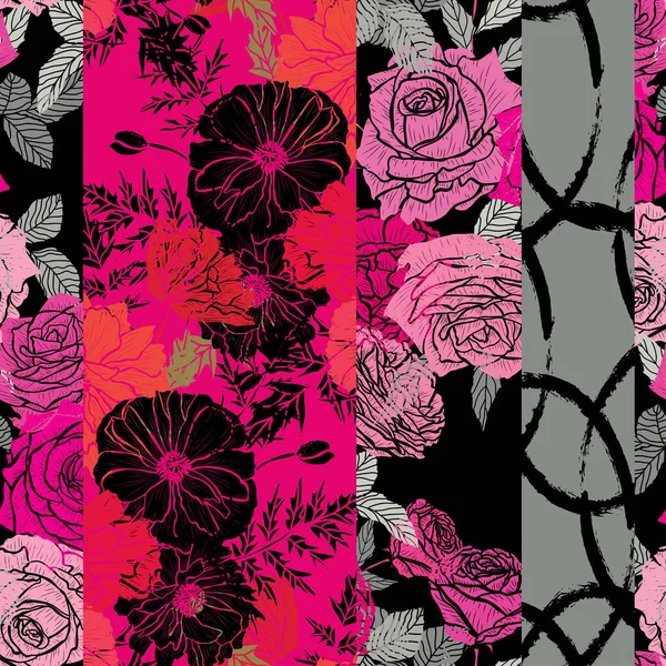 Κομψό Σχέδιο Χωρίς Ραφή Τριαντάφυλλο Και Παπαρούνα Στοιχεία Σχεδιασμού Floral — Διανυσματικό Αρχείο