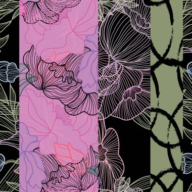 Dekoratif çiçeklerle, tasarım elementleriyle zarif, pürüzsüz bir desen. Davetiyeler, kartlar, baskı, hediye paketi, imalat, tekstil, kumaş, duvar kağıtları için çiçek deseni