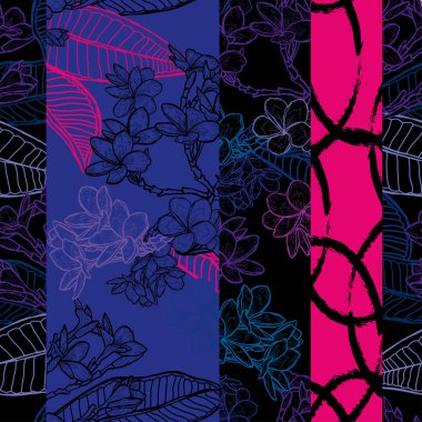 Plumeria çiçekleri ve tasarım elementleriyle zarif, pürüzsüz bir desen. Davetiyeler, kartlar, baskı, hediye paketi, imalat, tekstil, kumaş, duvar kağıtları için çiçek deseni