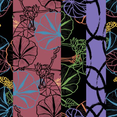 Şık, pürüzsüz desenli, sabah çiçekleriyle, tasarım elementleriyle. Davetiyeler, kartlar, baskı, hediye paketi, imalat, tekstil, kumaş, duvar kağıtları için çiçek deseni