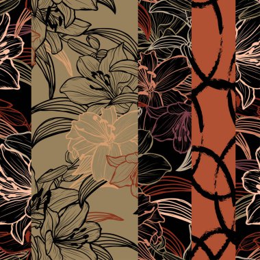 Zambak çiçekleri ve tasarım elementleriyle zarif, pürüzsüz bir desen. Davetiyeler, kartlar, baskı, hediye paketi, imalat, tekstil, kumaş, duvar kağıtları için çiçek deseni