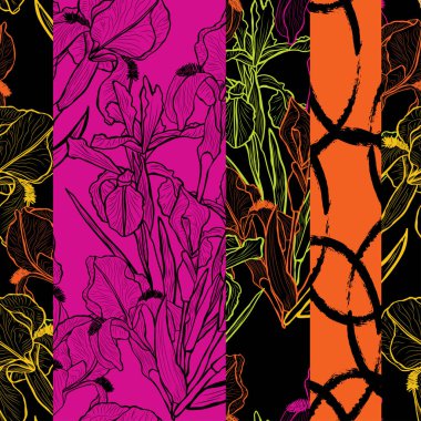 Süsen çiçekleri ve tasarım elementleriyle zarif, pürüzsüz bir desen. Davetiyeler, kartlar, baskı, hediye paketi, imalat, tekstil, kumaş, duvar kağıtları için çiçek deseni