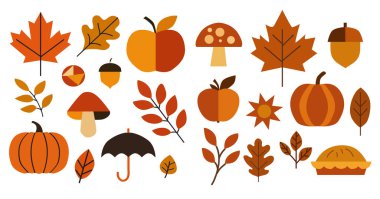 Hand drawn autumn symbols design elements set in Bauhaus style. Can be used for cards, invitations, banners, posters, print design, seasonal holidays background. Autumn theme