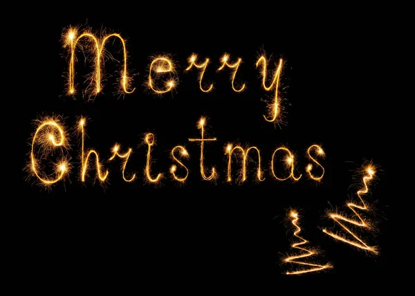 Sparkling Burning Merry Christmas Words Christmas Tree Black Background Design — Stock Photo, Image