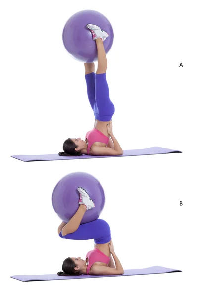 Supine overhead stretch with a swiss ball — Stock Photo, Image