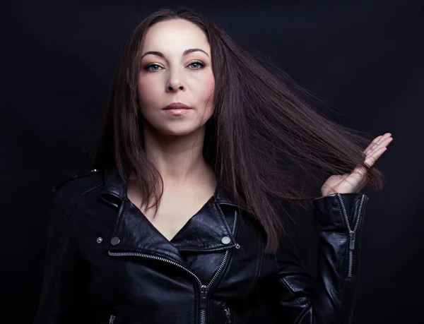 Young Brunette Woman Wearing Jacket Black Background — Stock Photo, Image