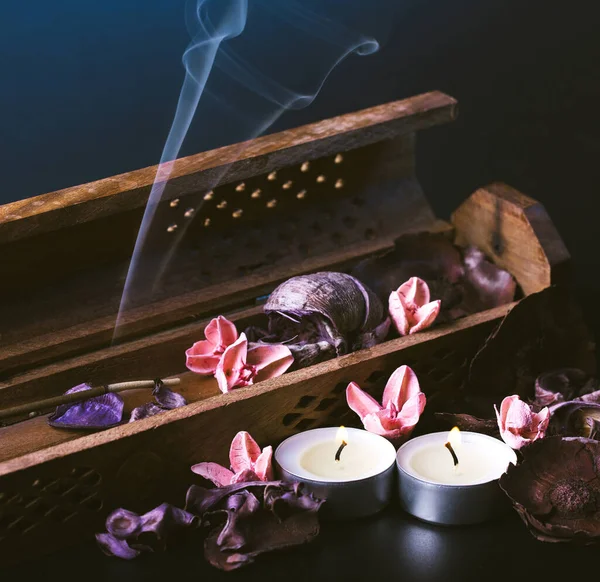 Incense Stick Aroma Smoke Wooden Handmade Holder Dried Petals Candles — Stock Photo, Image