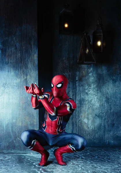 Actor Dresssed Spiderman Posing Old Wall Studio — Stock Photo, Image