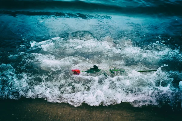 Κύματα και το πλύσιμο μακριά ένα κόκκινο τριαντάφυλλο — Φωτογραφία Αρχείου