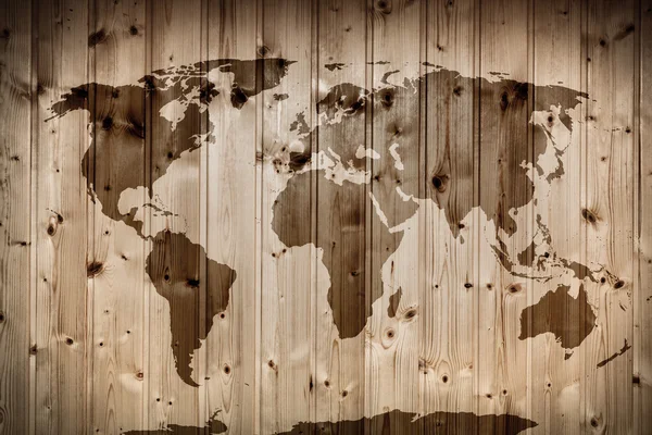 Dünya Haritası üzerinde ahşap duvar — Stok fotoğraf