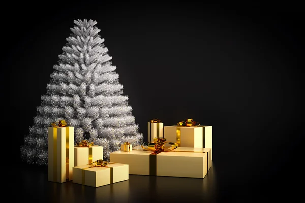 Glanzende moderne kerstboom en cadeautjes — Stockfoto