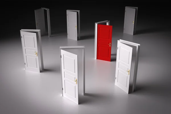 Red door among other white ones — Stock Photo, Image