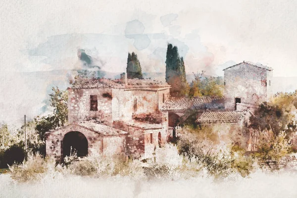 Foto Van Een Oud Huis Toscane Italië Met Handgeschilderd Effect — Stockfoto