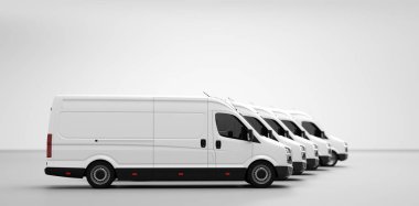 Fleet of van transportation trucks. Transport, shipping industry. 3D illustration clipart