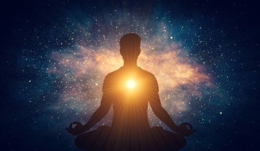 Man and soul. Yoga lotus pose meditation on nebula galaxy background. Zen, spiritual well-being clipart