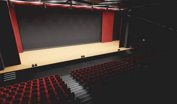 Teatro Con Escenario Vacío Centro Atención Cortina Teatro Roja Asientos — Foto de Stock