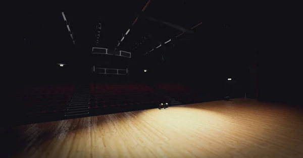 Teatteri Tyhjällä Näyttämöllä Valokeilassa Punainen Teatteriverho Istuimet Kuva — kuvapankkivalokuva