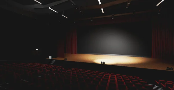 Theatre with empty stage in spotlight. Red theater curtain and seats. 3D illustration