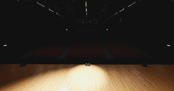 Theater Mit Leerer Bühne Scheinwerferlicht Roter Theatervorhang Und Sitze Illustration — Stockfoto