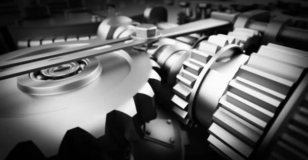 Gears Cogs Mechanism Industrial Machine Engine Close Macro Black White — Stock Photo, Image