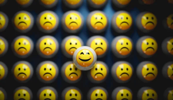 Glad Smiley Emoji Ansikte Bland Ledsna Emoticon Ansikten Render Bollar — Stockfoto