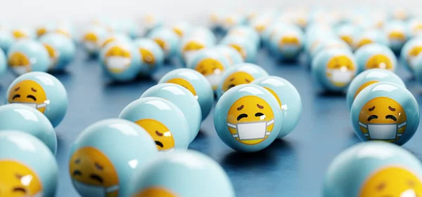 Emoji Emoticonos Con Mascarillas Concepto Coronavirus Covid Bolas Renderizado Cabezas — Foto de Stock