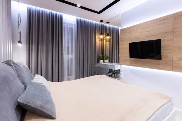 Chambre Moderne Avec Lit Confortable Studio Design Intérieur — Photo