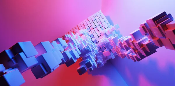 ネオンライトの背景における抽象的な立方体の流れ Vr音楽の背景壁紙 3Dイラスト — ストック写真