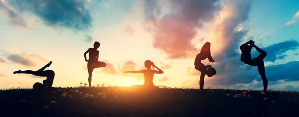 Mujer Yoga Posa Meditación Atardecer Collage Zen Bienestar Cuidado Corporal —  Fotos de Stock