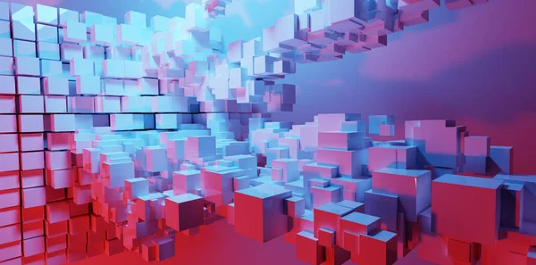 抽象立方体在霓虹灯背景中流动 音乐背景 3D插图 — 图库照片