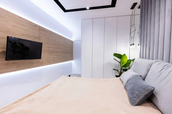 Modern Bedroom Comfortable Bed Studio Apartment Interior Design — Stock Photo, Image