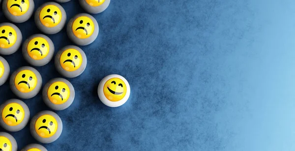 Cara Emoji Sonriente Feliz Entre Caras Emoticones Tristes Bolas Renderizado —  Fotos de Stock