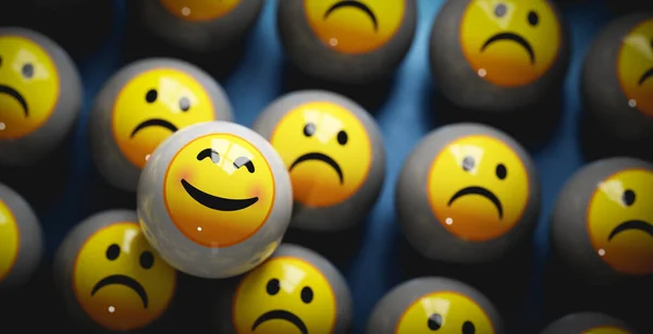 Χαρούμενο Χαμογελαστό Φατσούλα Emoji Ανάμεσα Λυπημένα Φατσούλες Καθιστούν Μπάλες Κεφάλια — Φωτογραφία Αρχείου
