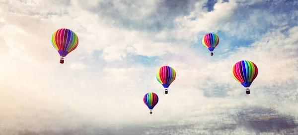 Globos Aire Caliente Volando Sobre Nubes Atardecer Aventura Viajes — Foto de Stock
