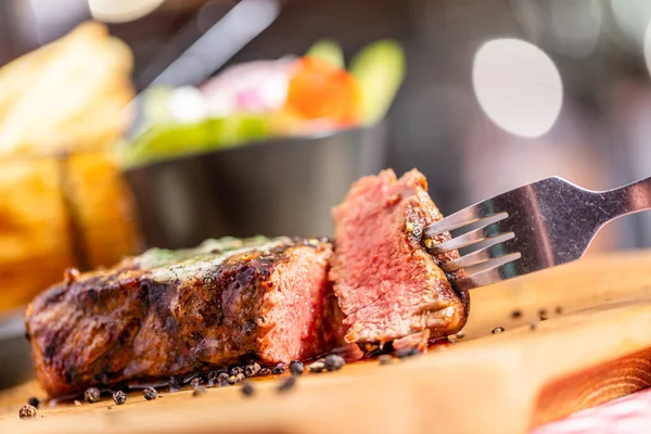 Beef Steak Meal Salad French Fries American Restaurant — Stock Photo, Image