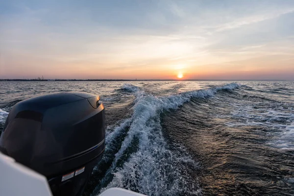 Fast Motorboat Ride Sea Sunset Wake Pattern — Stock Photo, Image