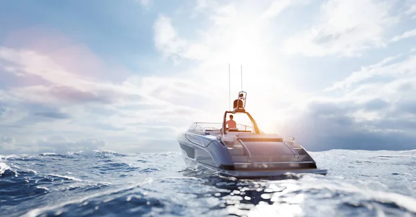 Katamaran Jacht Motorowy Oceanie Zachodzie Słońca — Zdjęcie stockowe