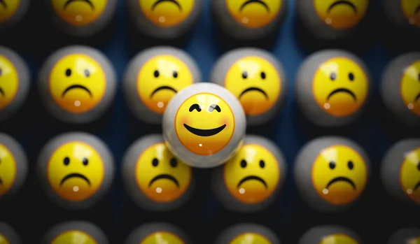 Glad Smiley Emoji Ansikte Bland Ledsna Emoticon Ansikten Render Bollar — Stockfoto